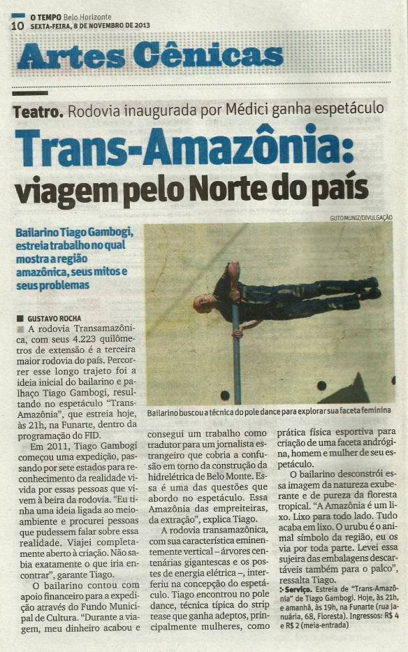 Trans-Amazônia estréia - FID 2013, BH, Brasil - Jornal O Tempo, 8 Nov 2013